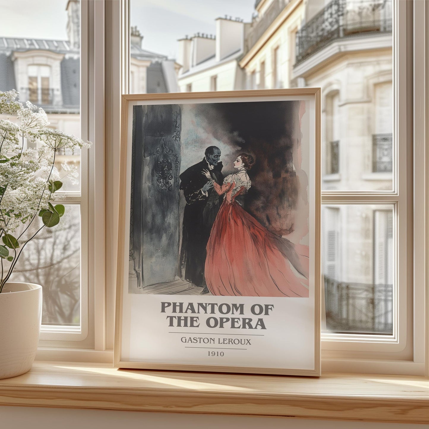 The Phantom of the Opera book cover print framed by window – literary home decor