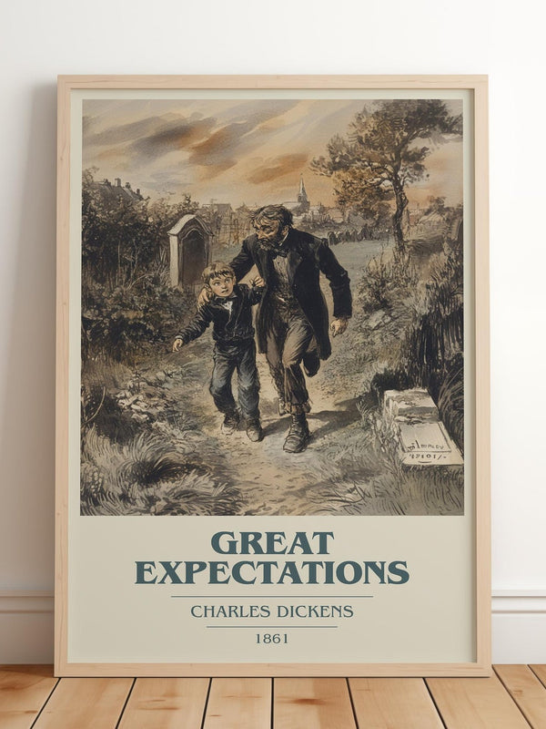 Great Expectations book cover print in frame leaning in hallway – classic literature wall art