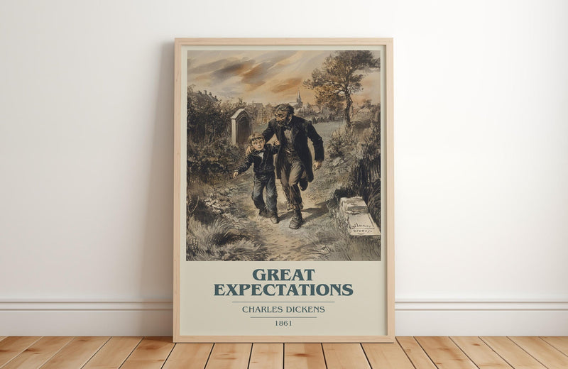 Great Expectations book cover print in frame leaning in hallway – classic literature wall art