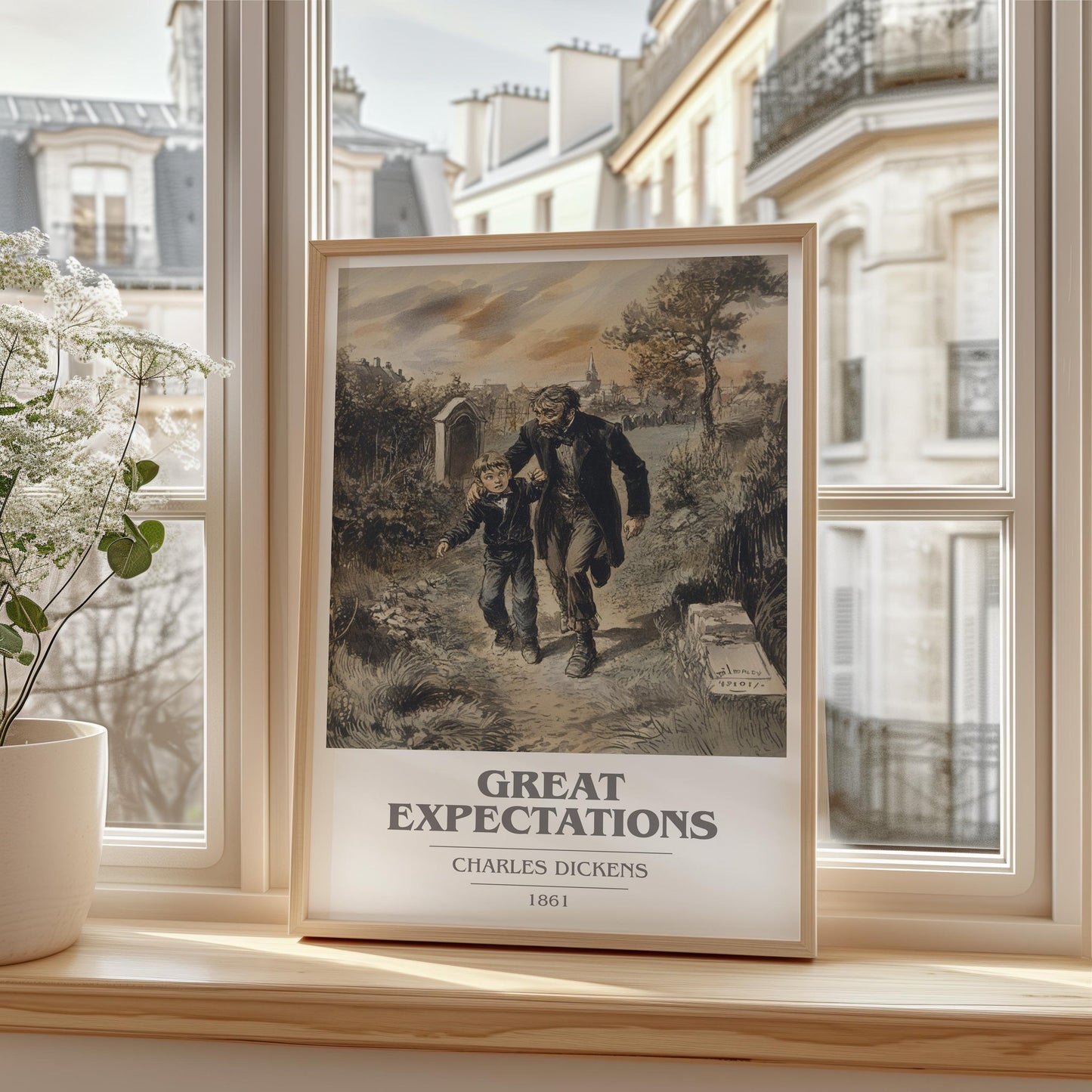 Great Expectations book cover print framed by window – literary home decor