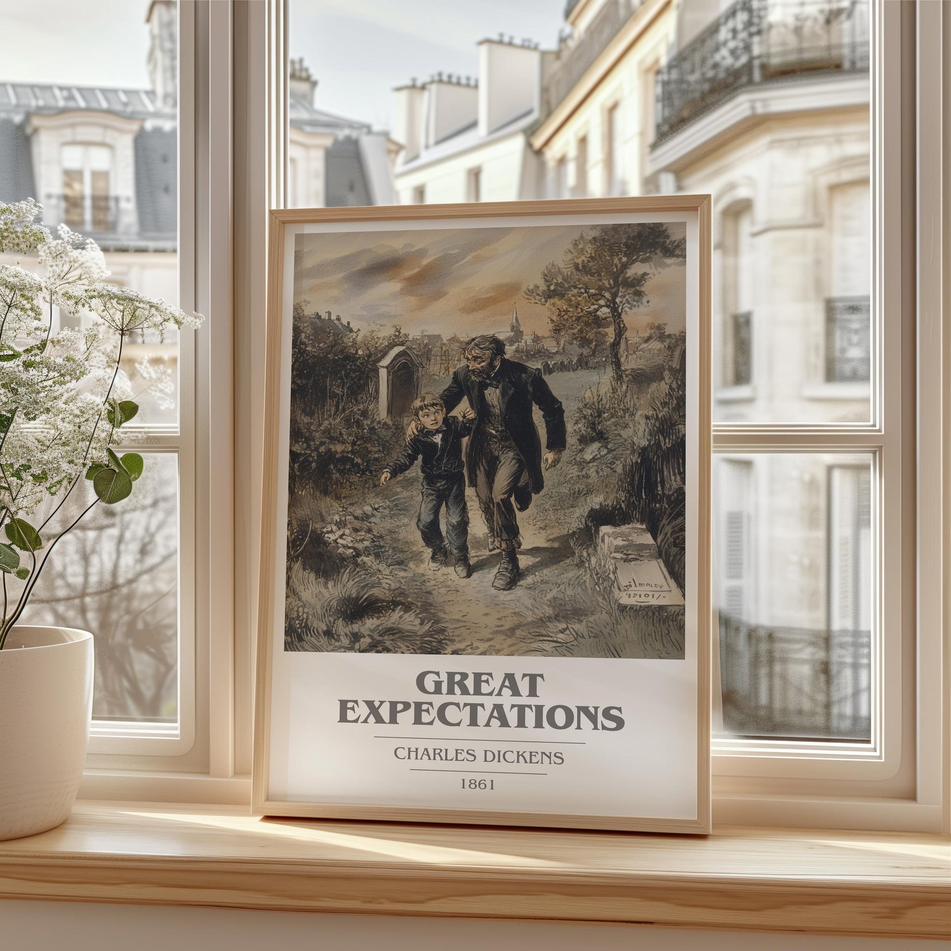 Great Expectations book cover print framed by window – literary home decor