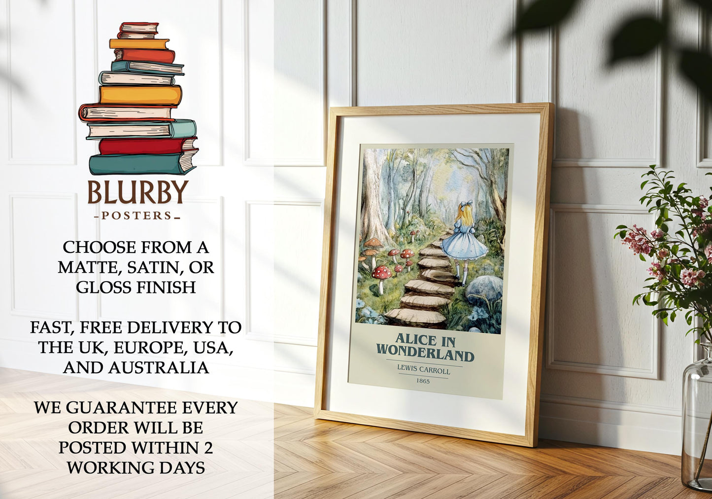 Alice's Adventures in Wonderland by Lewis Carroll Descriptive Poster Print. Free Delivery Wall Art Author & Blurb Book Artwork Novel