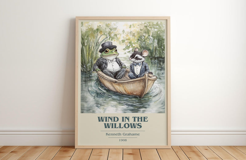 The Wind in the Willows book cover print in frame leaning in hallway – childrens wall art