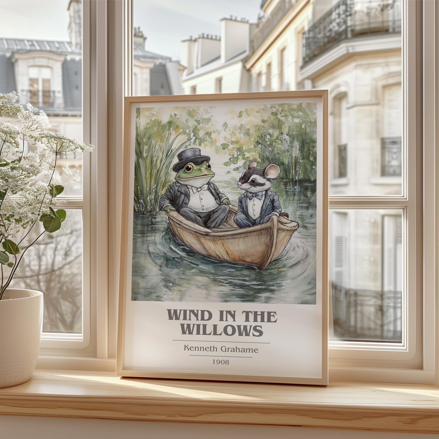 The Wind in the Willows book cover print framed by window – literary home decor