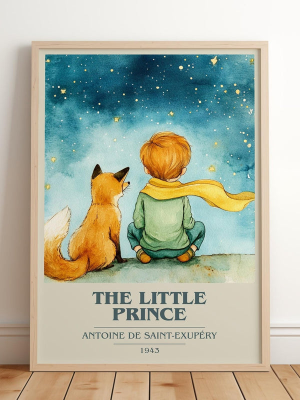 The Little Prince book cover print in frame leaning in hallway – childrens wall art