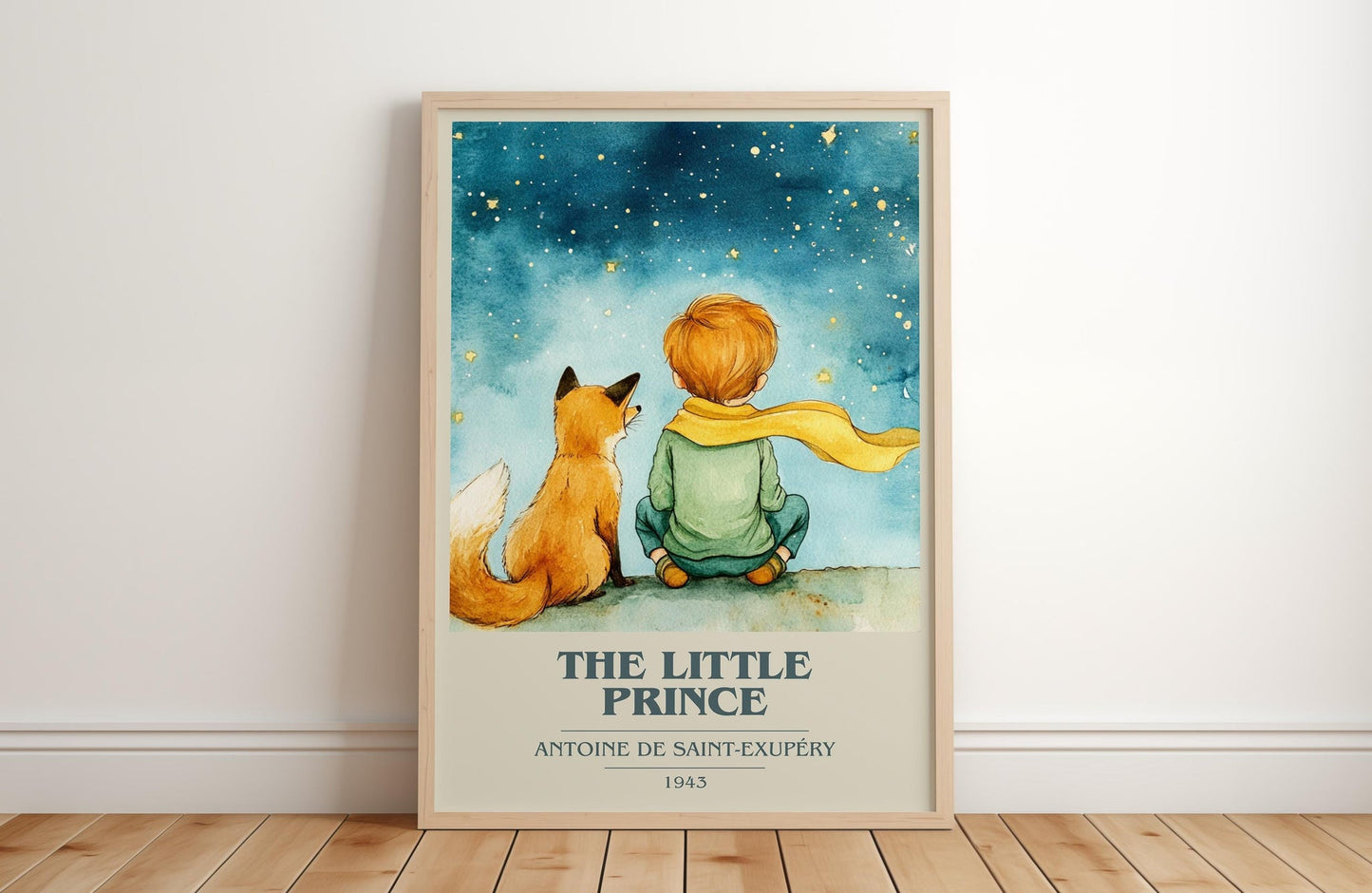 The Little Prince book cover print in frame leaning in hallway – childrens wall art