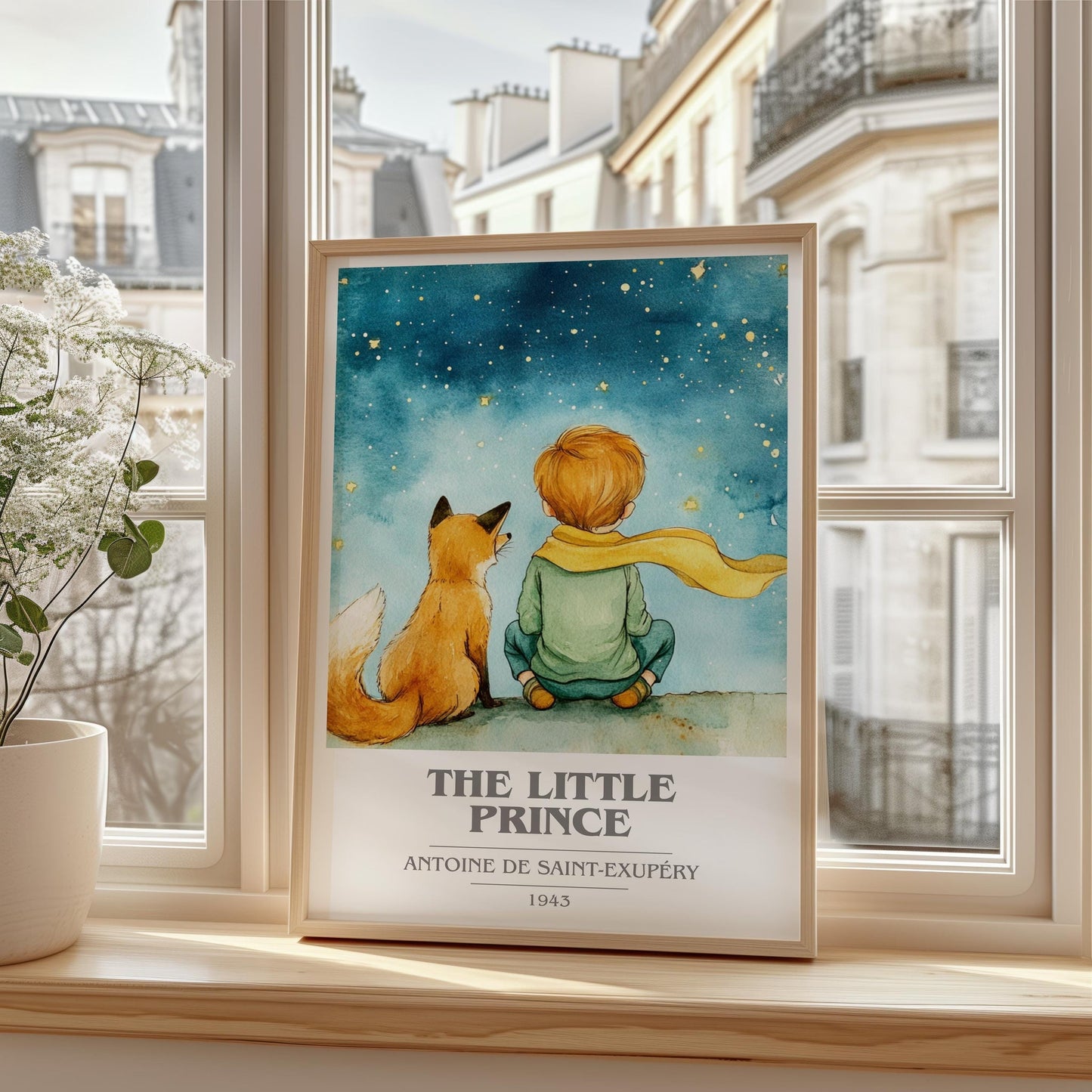 The Little Prince book cover print framed by window – literary home decor