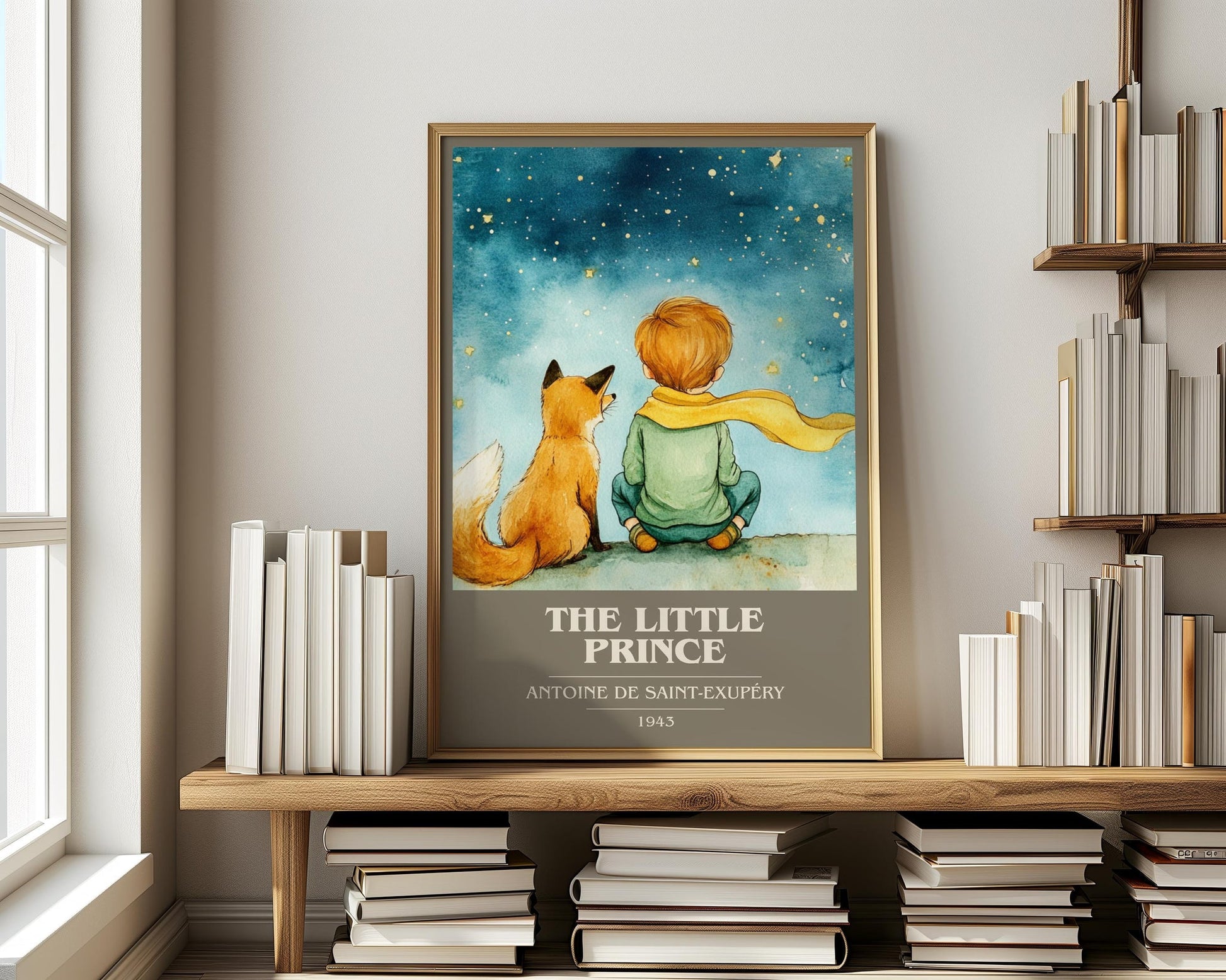The Little Prince book cover print on bookshelf – Antoine de Saint-Exupéry fan gift