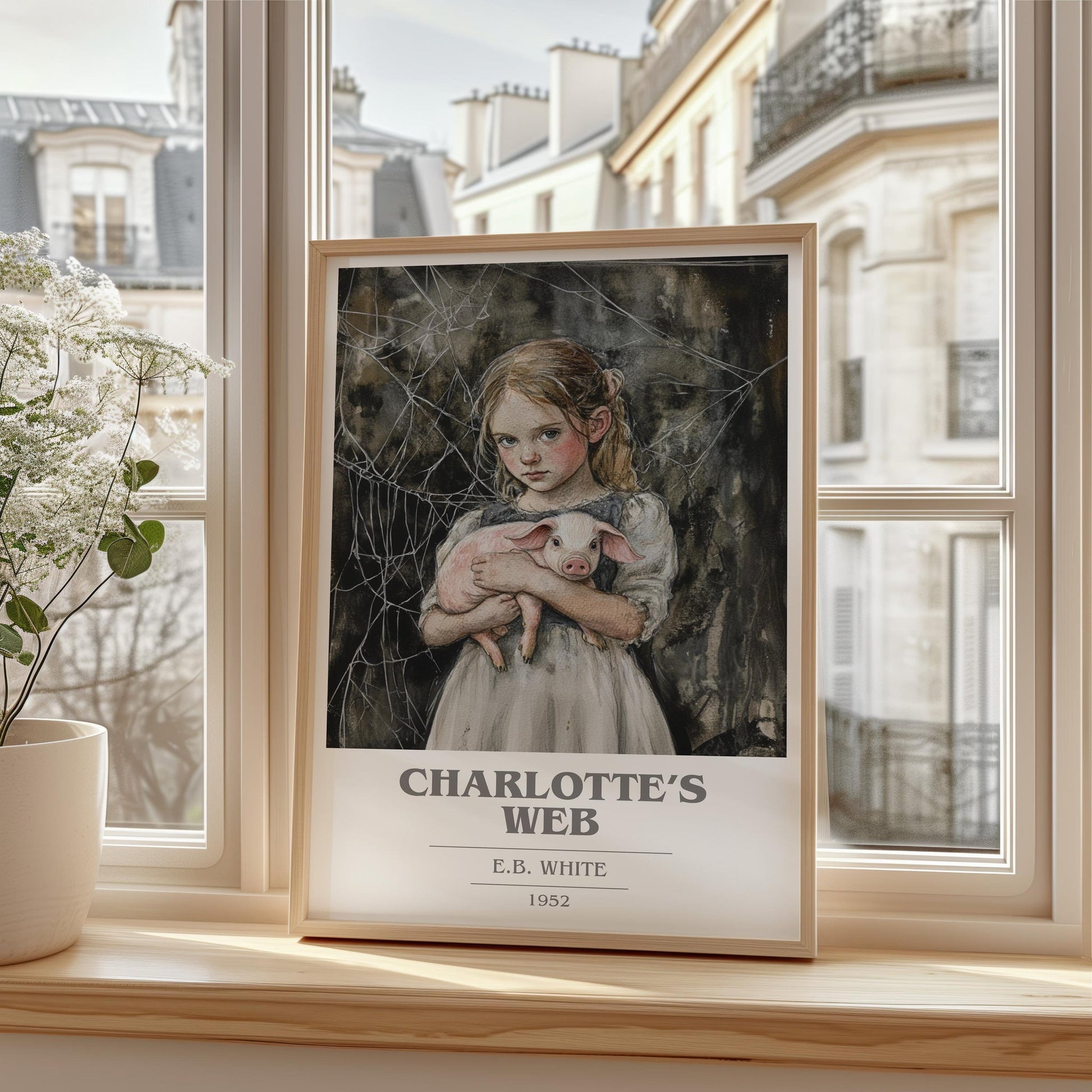 Charlotte's Web book cover print framed by window – literary home decor