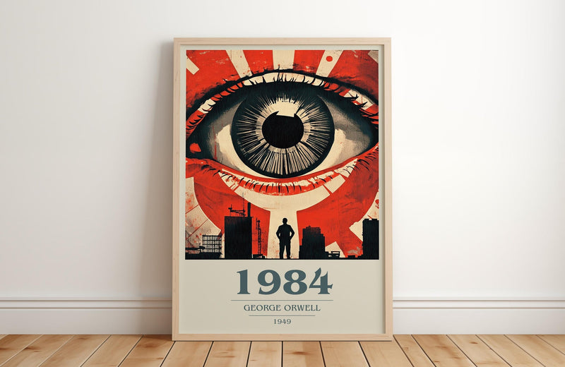 1984 book cover print in frame leaning in hallway – dystopian wall art
