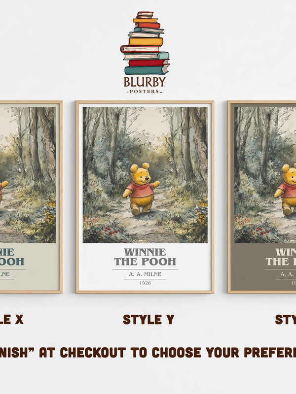 Winnie the Pooh book cover print in frame leaning in hallway – childrens wall art