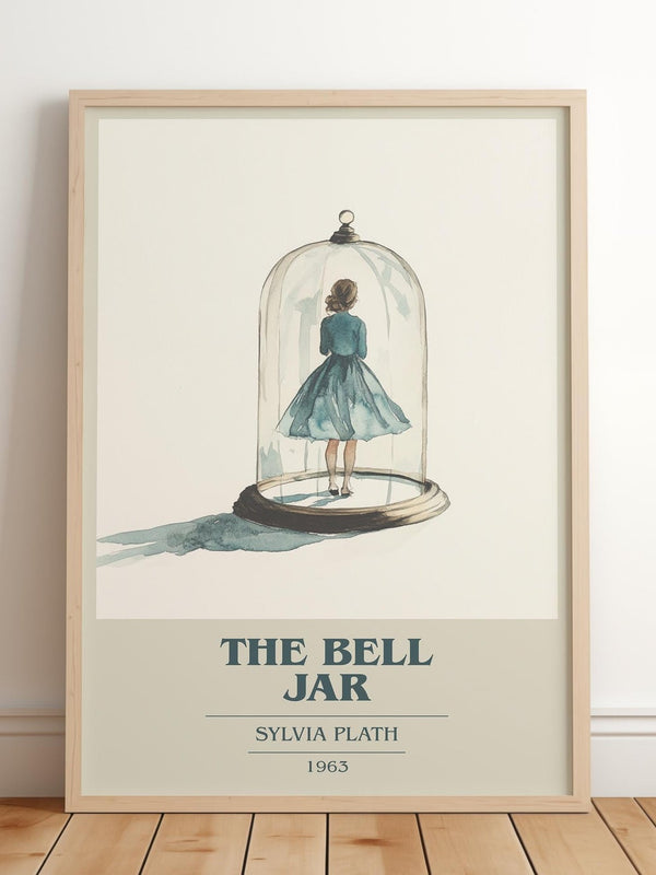 The Bell Jar book cover print in frame leaning in hallway – coming of age wall art