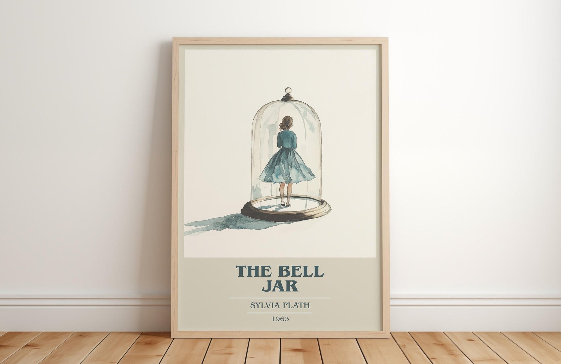 The Bell Jar book cover print in frame leaning in hallway – coming of age wall art