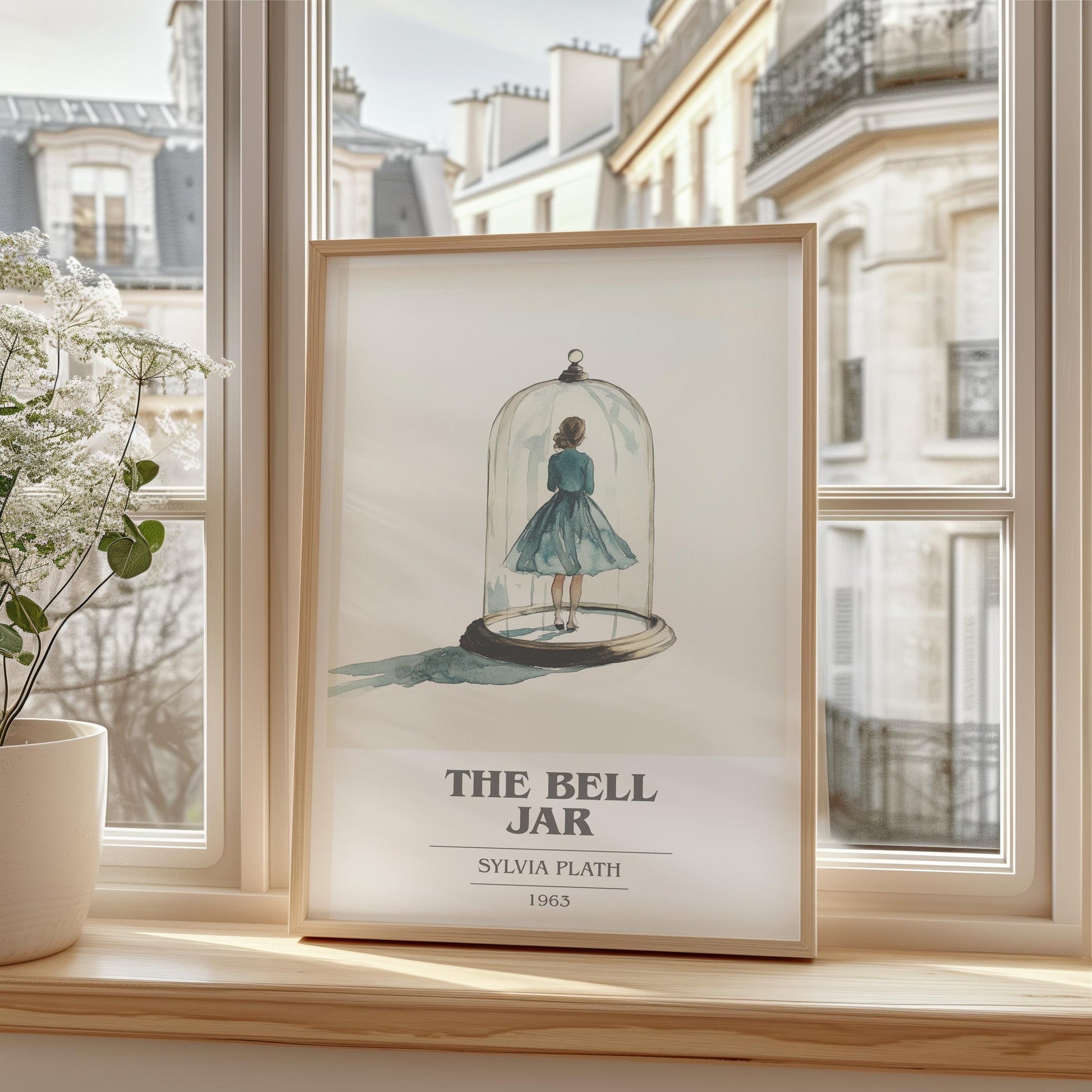 The Bell Jar book cover print framed by window – literary home decor