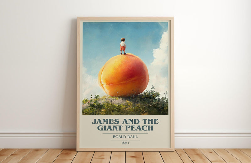 James and the Giant Peach book cover print in frame leaning in hallway – childrens wall art