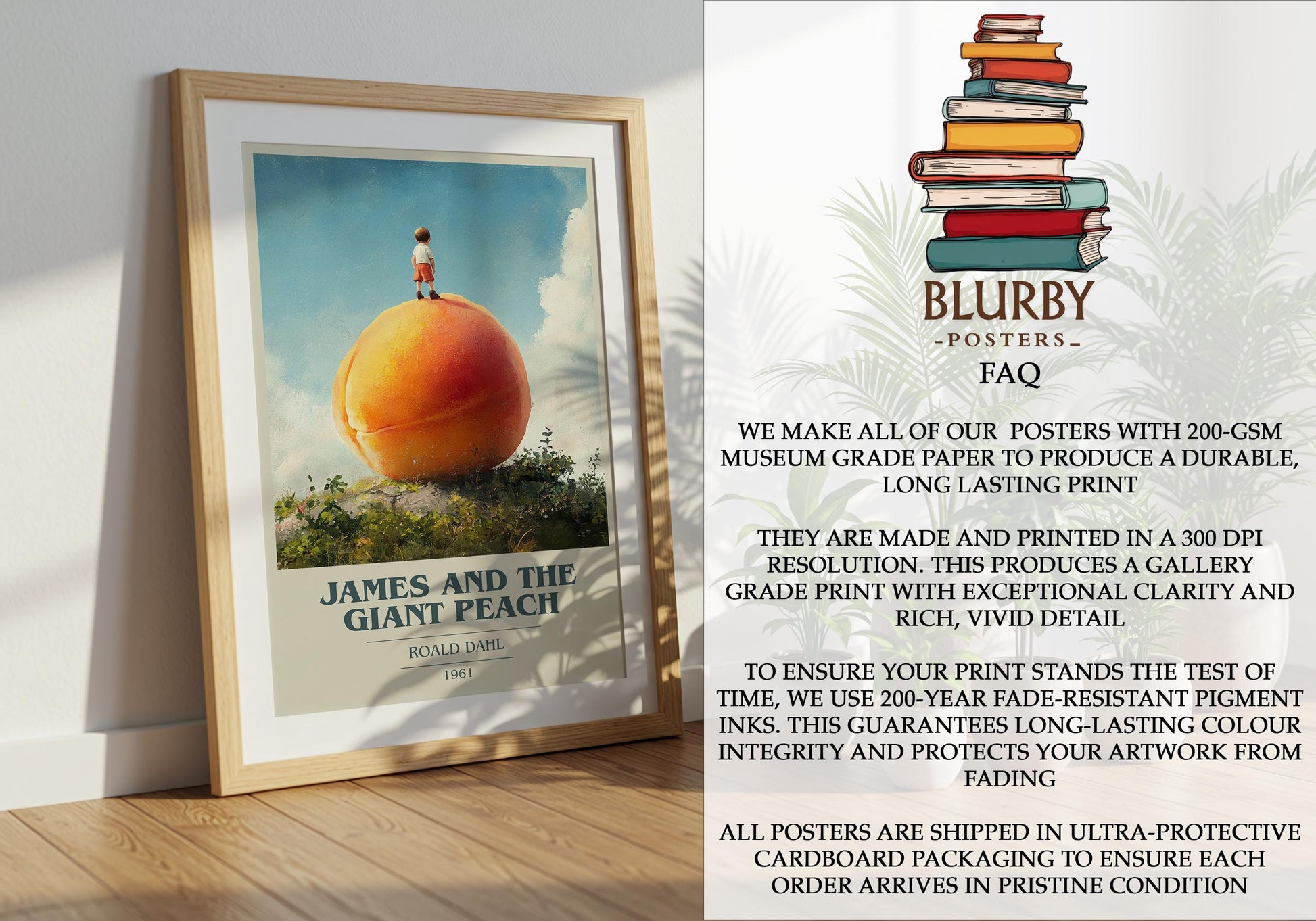 James and the Giant Peach by Roald Dahl Descriptive Poster Print. Free Delivery Wall Art Author & Blurb Book Artwork Novel