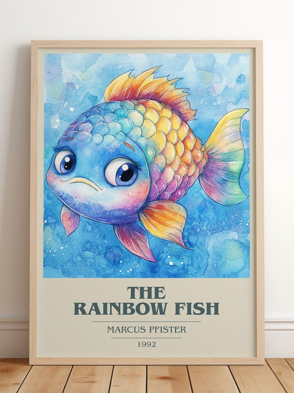 The Rainbow Fish book cover print in frame leaning in hallway – childrens wall art