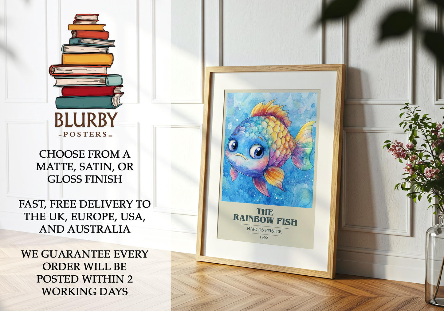 The Rainbow Fish by Marcus Pfister Descriptive Poster Print. Free Delivery Wall Art Author & Blurb Book Artwork Novel