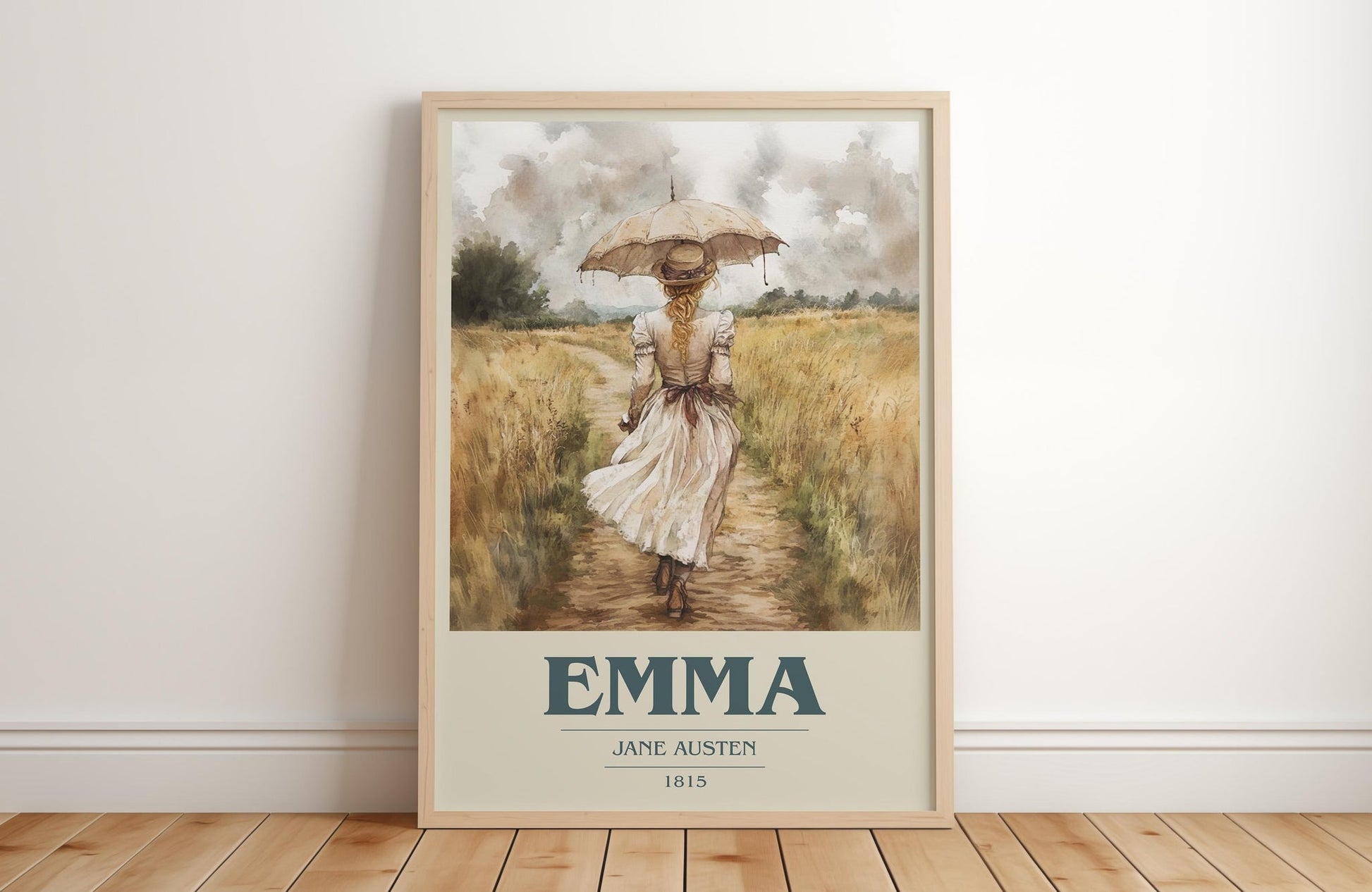 Emma book cover print in frame leaning in hallway – classic literature wall art
