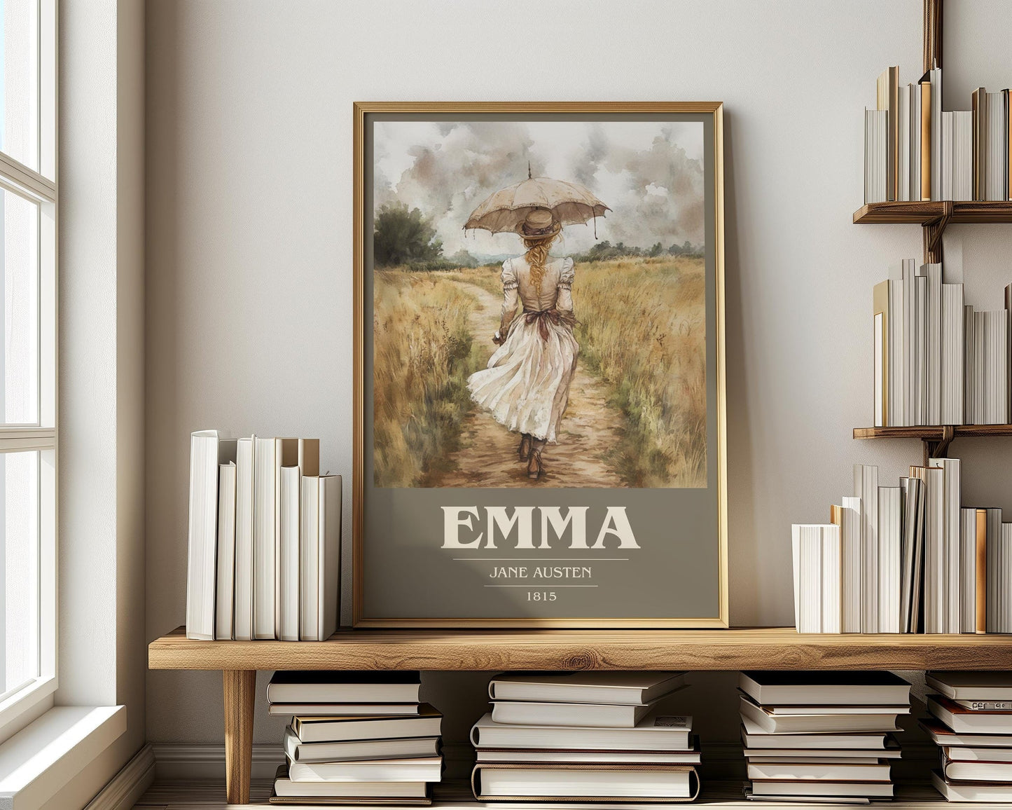 Emma book cover print on bookshelf – Jane Austen fan gift
