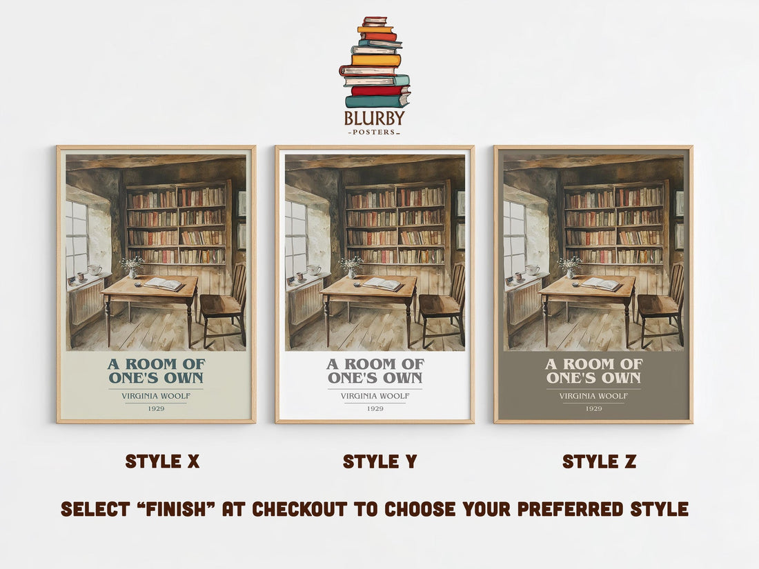 A Room Of One's Own book cover print in frame leaning in hallway – non fiction wall art (mockup)