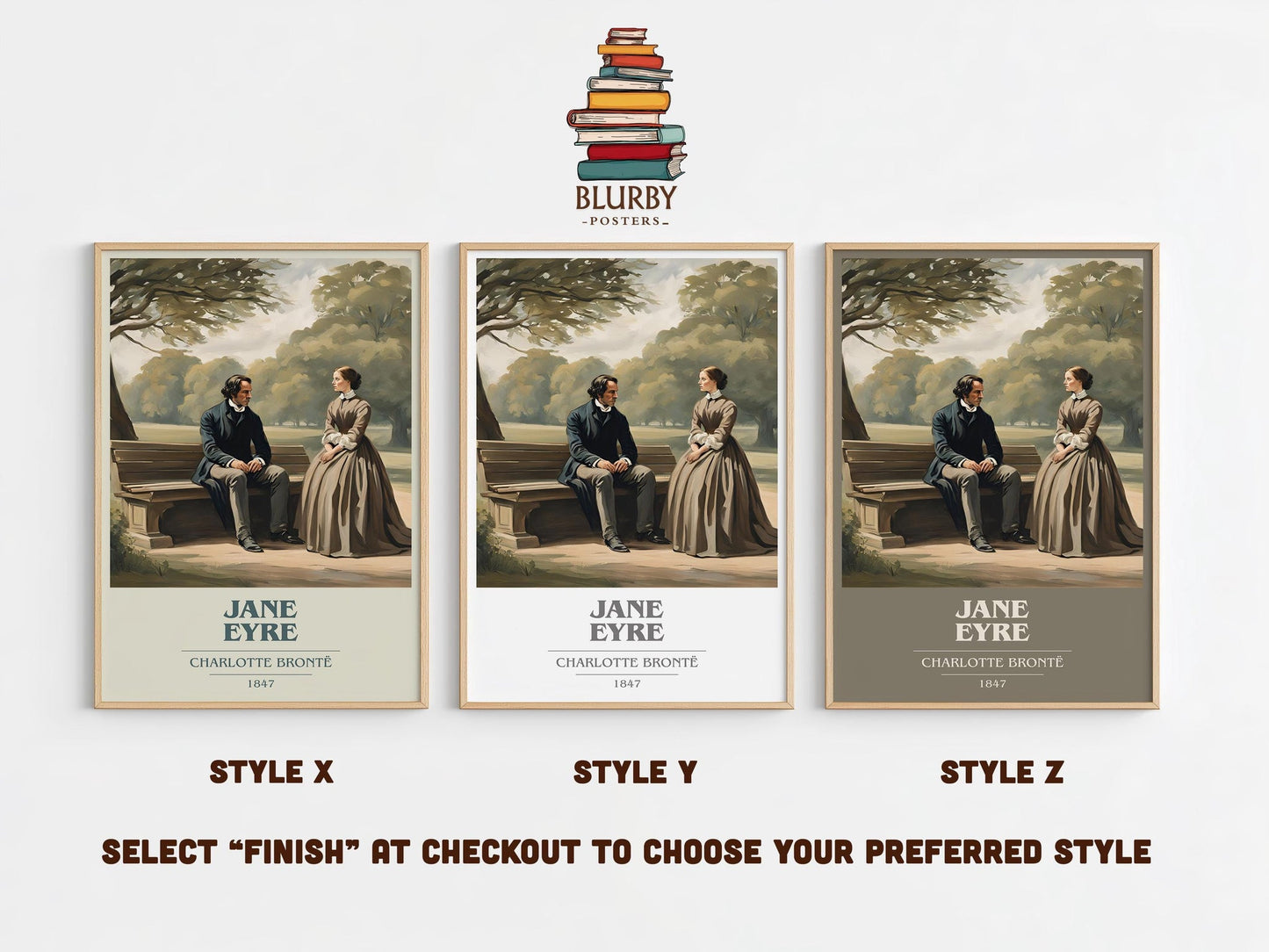 Jane Eyre book cover print in frame leaning in hallway – classic literature wall art