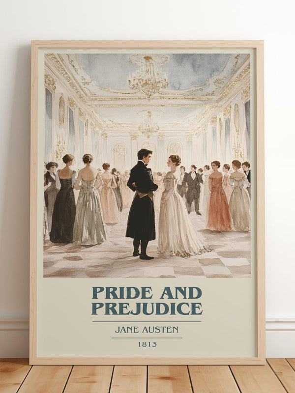 Pride and Prejudice book cover print in frame leaning in hallway – classic literature wall art