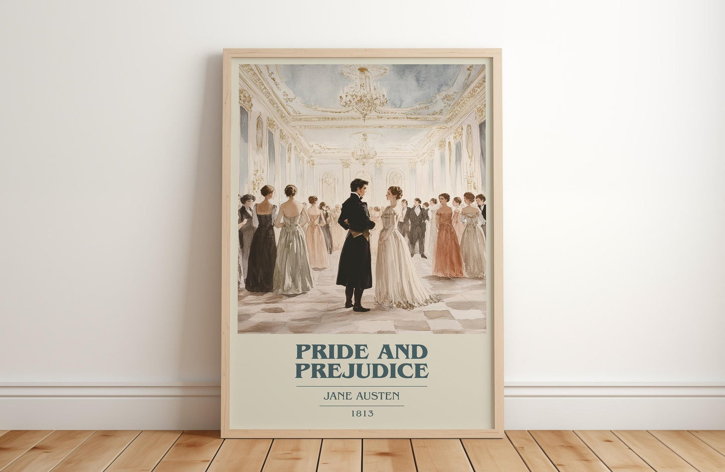 Pride and Prejudice book cover print in frame leaning in hallway – classic literature wall art