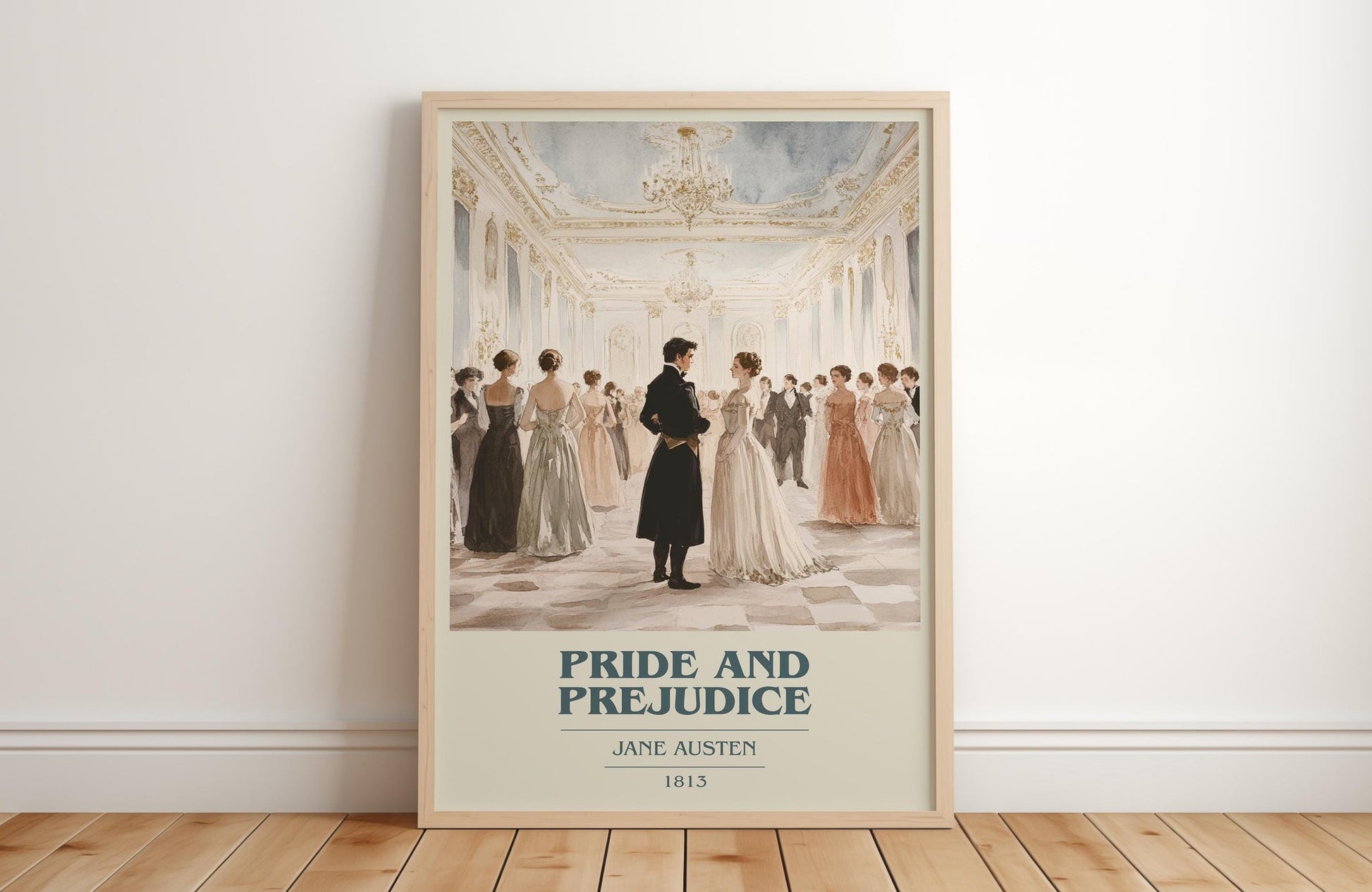 Pride and Prejudice book cover print in frame leaning in hallway – classic literature wall art