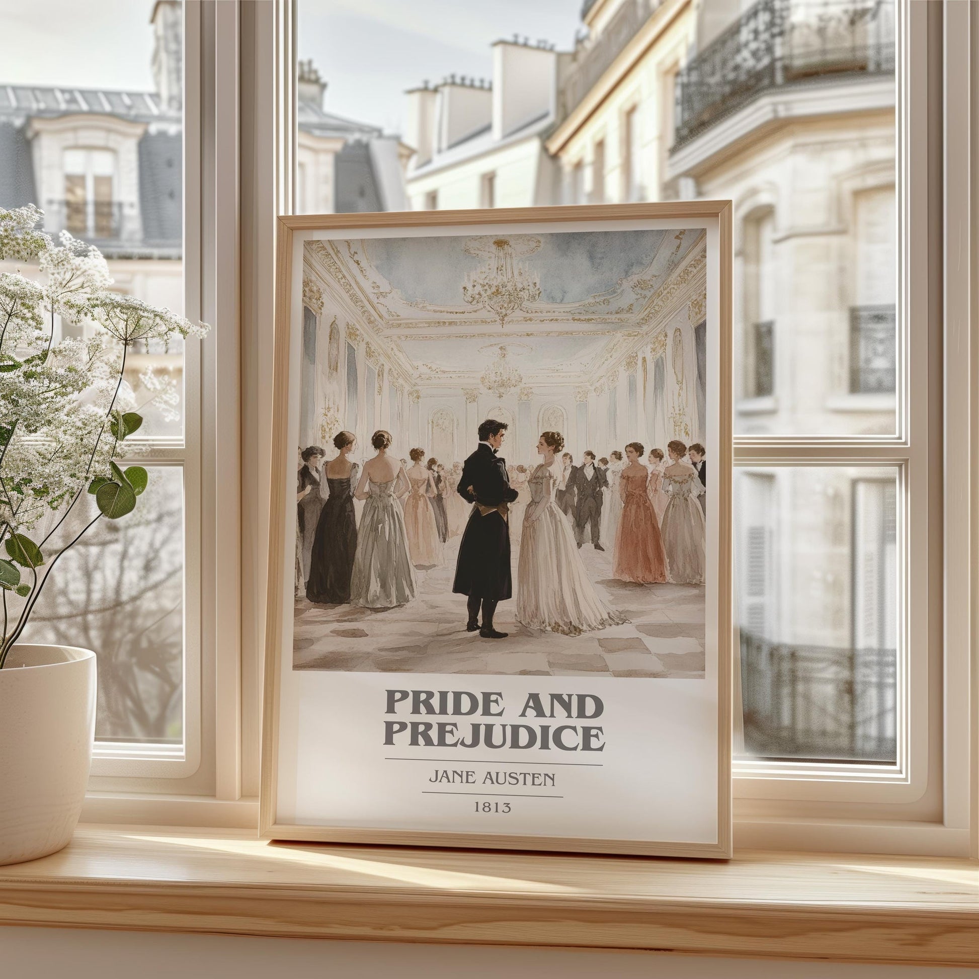 Pride and Prejudice book cover print framed by window – literary home decor