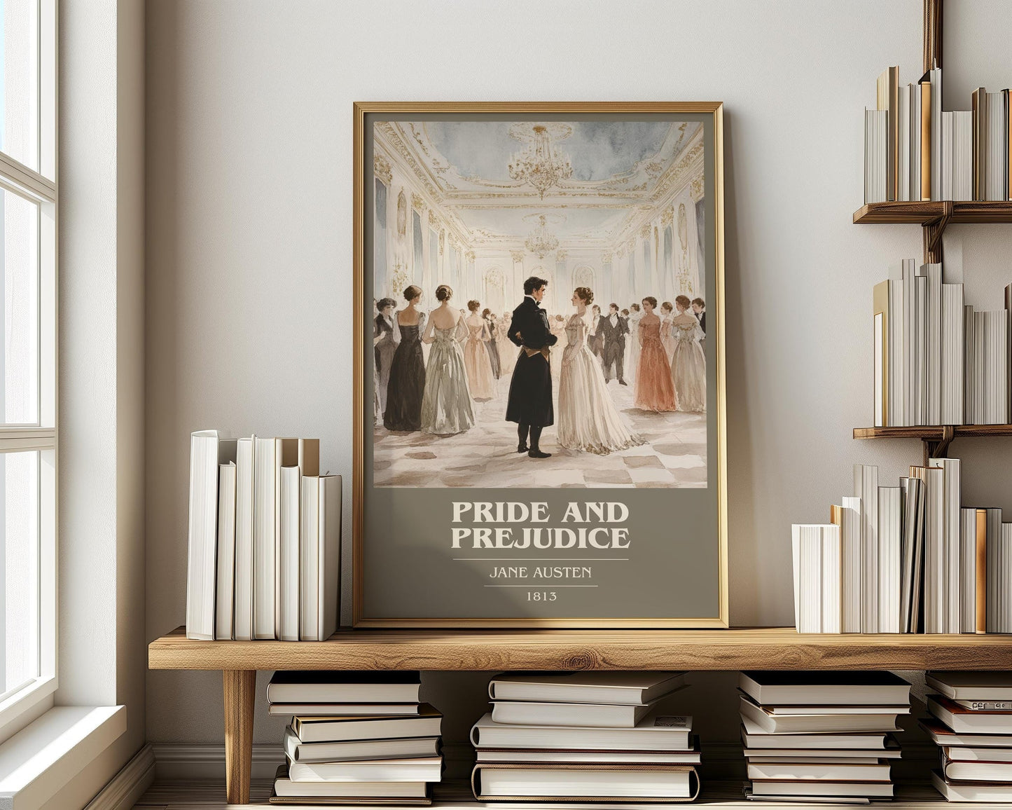 Pride and Prejudice book cover print on bookshelf – Jane Austen fan gift