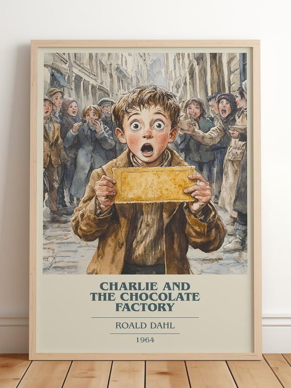Charlie and the Chocolate Factory book cover print in frame leaning in hallway – childrens wall art