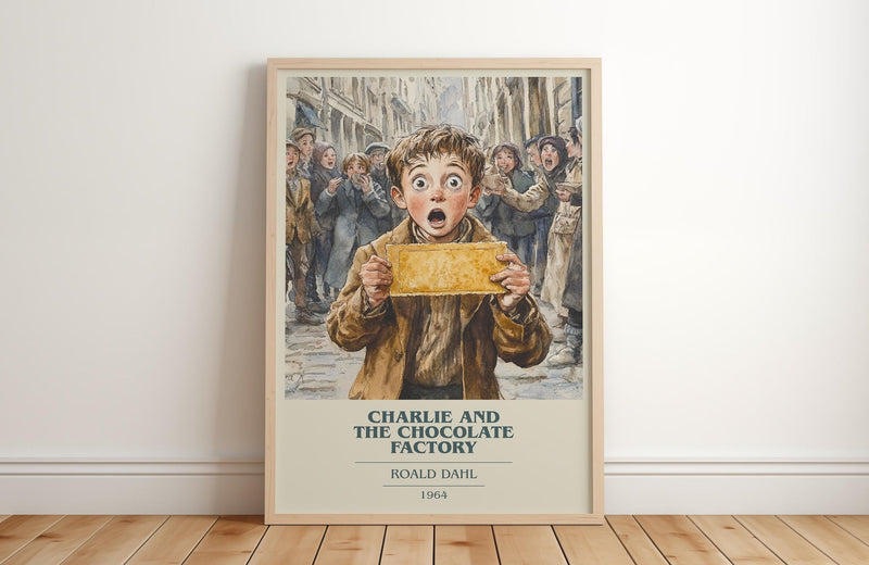 Charlie and the Chocolate Factory book cover print in frame leaning in hallway – childrens wall art