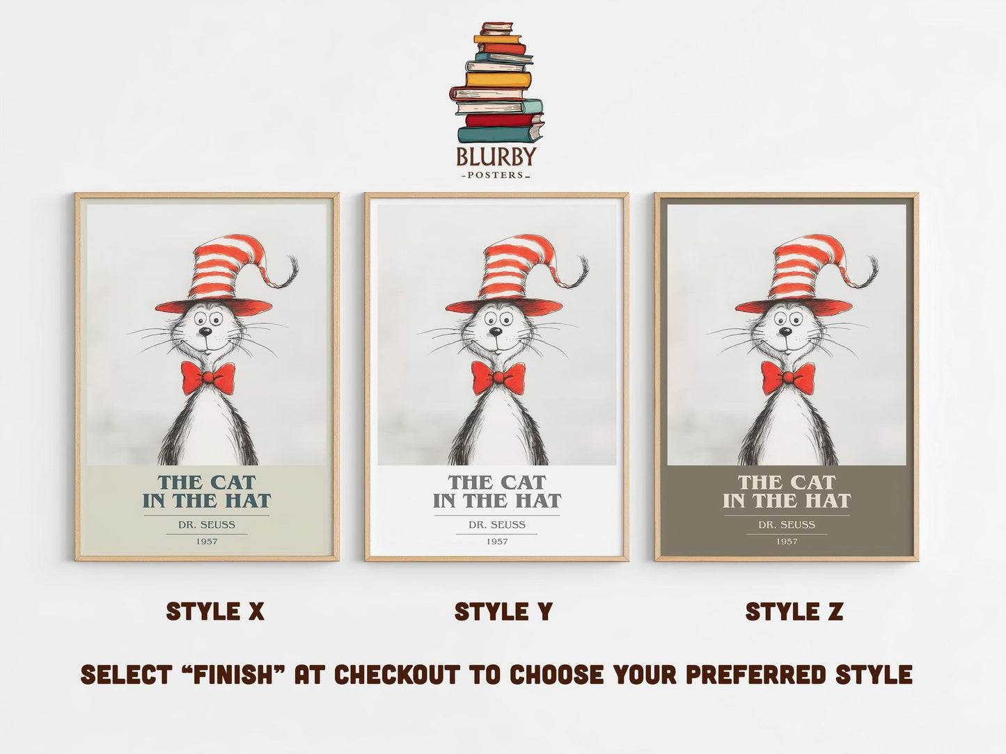 The Cat in the Hat book cover poster colour and style options – Dr. Seuss book art