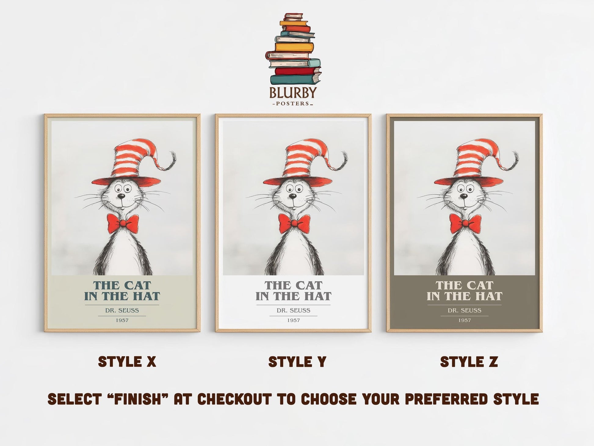The Cat in the Hat book cover poster colour and style options – Dr. Seuss book art