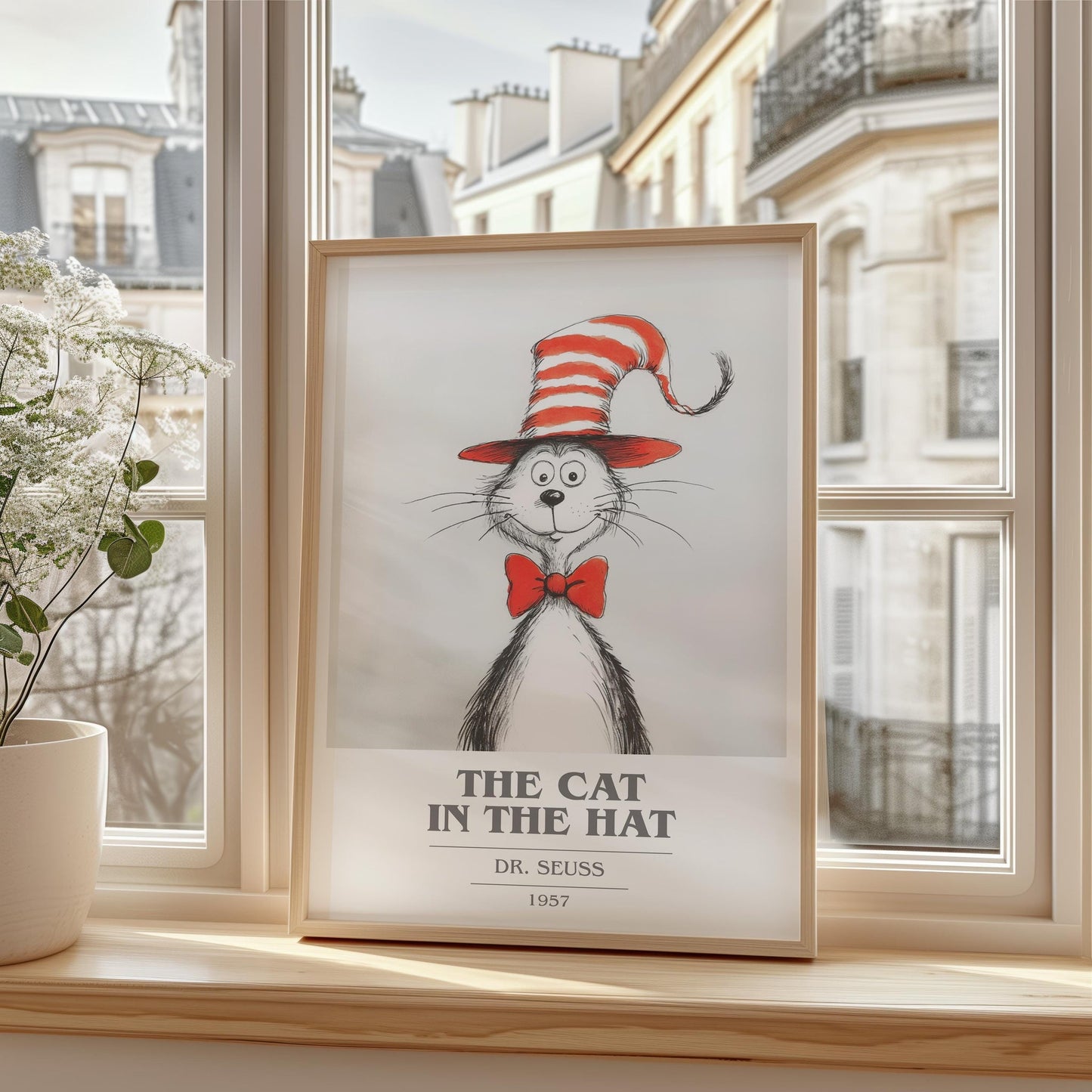 The Cat in the Hat book cover print framed by window – literary home decor