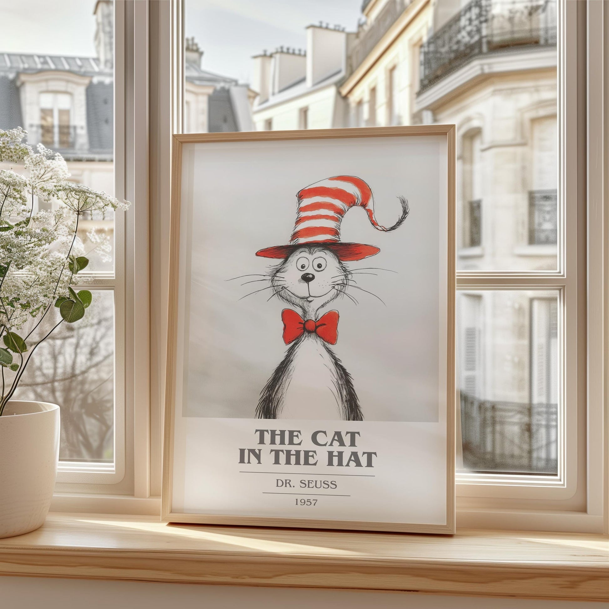 The Cat in the Hat book cover print framed by window – literary home decor