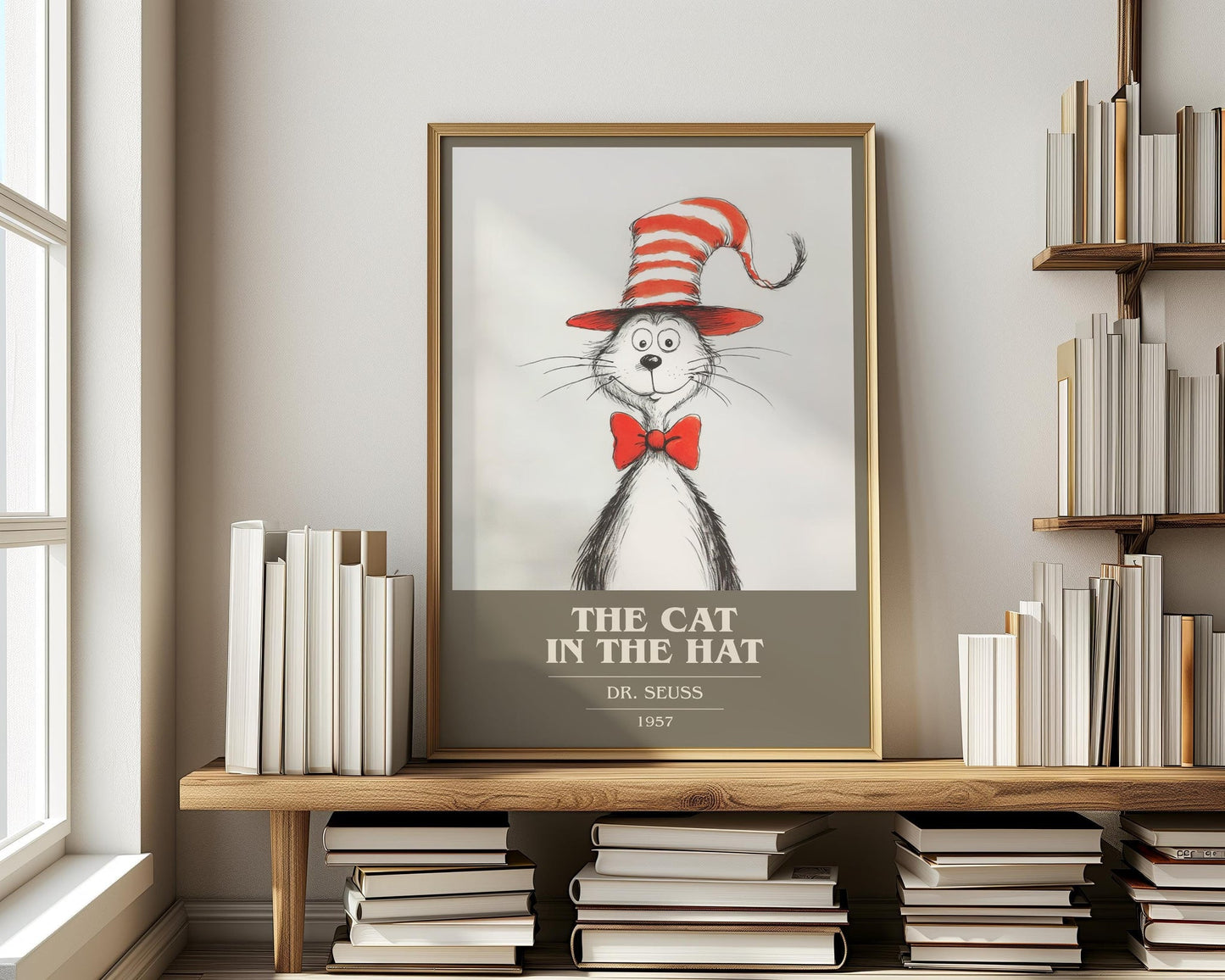 The Cat in the Hat book cover print on bookshelf – Dr. Seuss fan gift