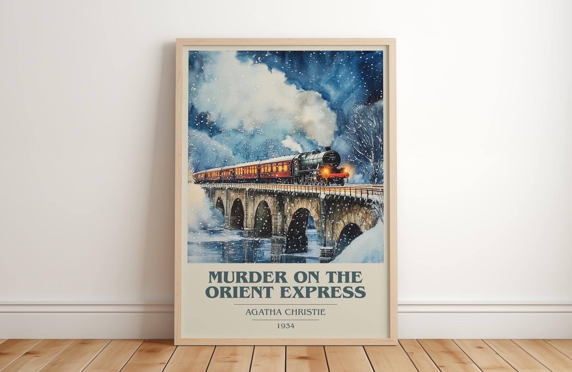 Murder On The Orient Express book cover print in frame leaning in hallway – mystery wall art