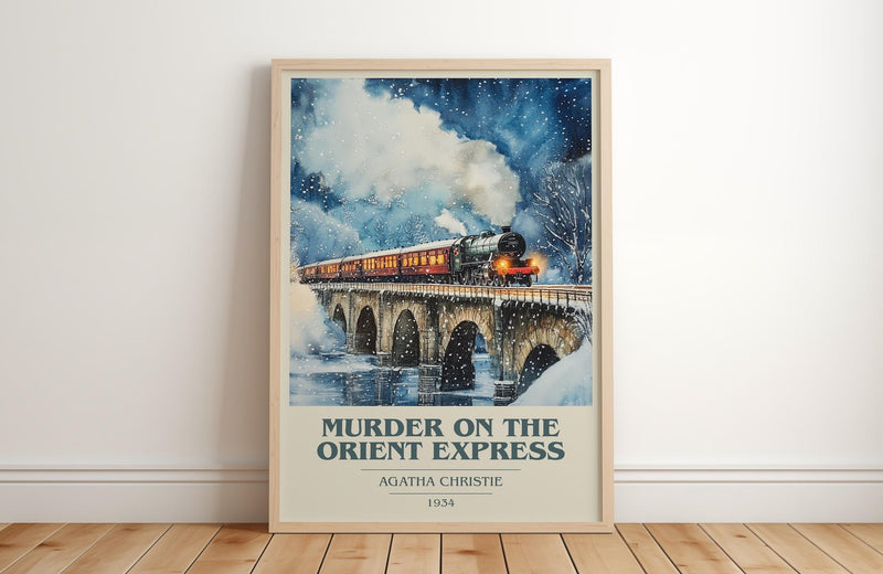 Murder On The Orient Express book cover print in frame leaning in hallway – mystery wall art