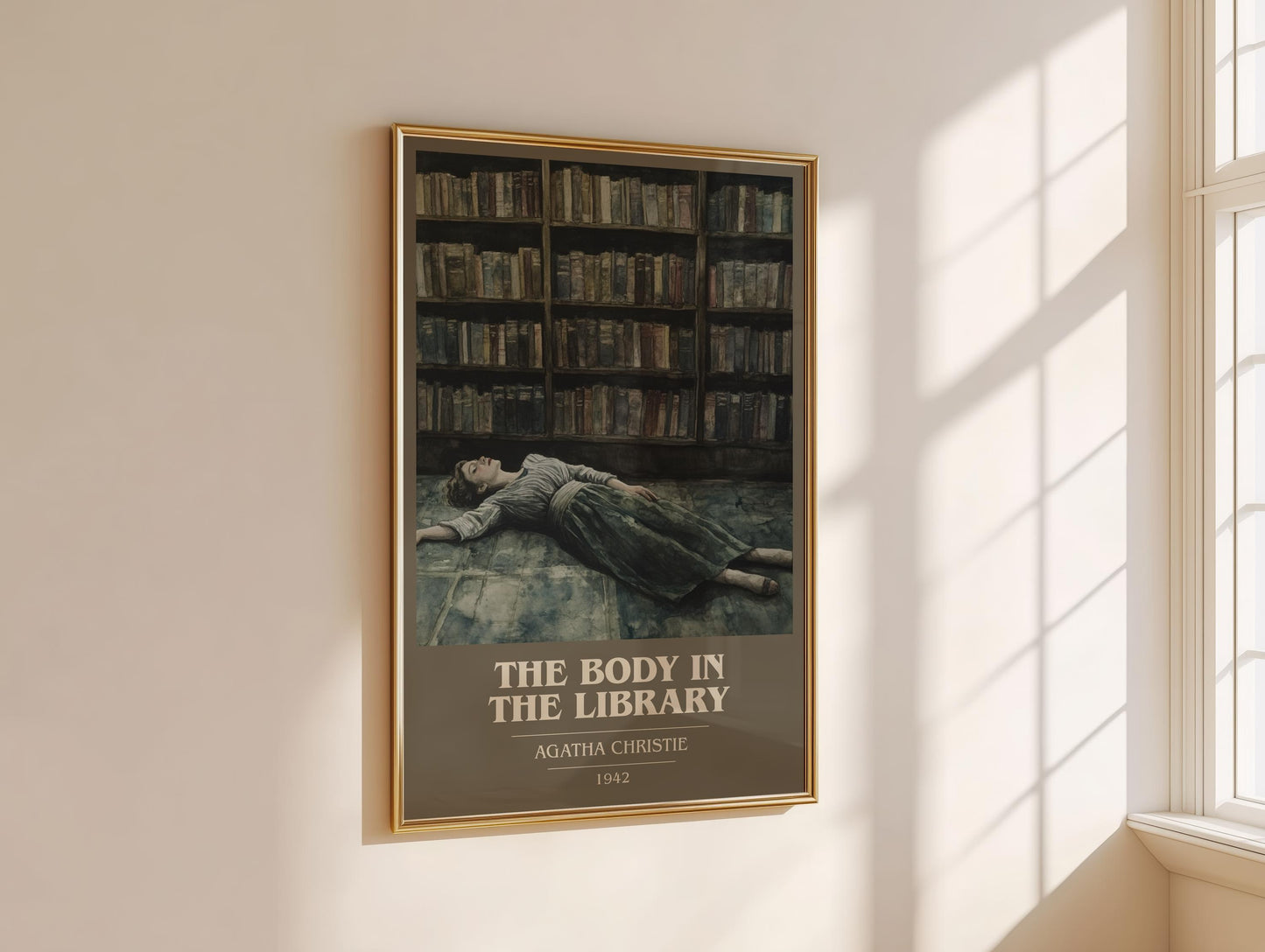 The Body in the Library book cover print on bookshelf – Agatha Christie fan gift