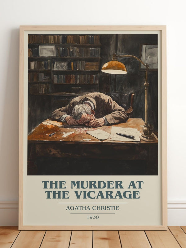 The Murder at the Vicarage book cover print in frame leaning in hallway – mystery wall art