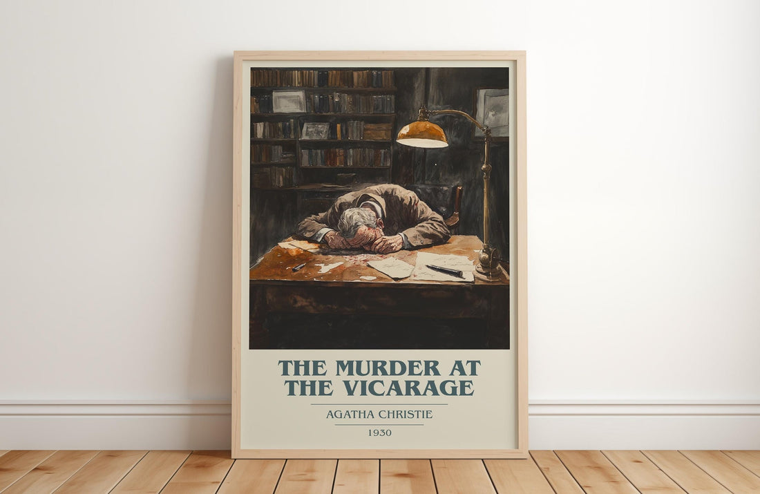 The Murder at the Vicarage book cover print in frame leaning in hallway – mystery wall art (mockup)