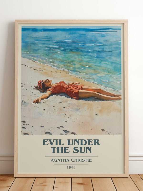 Evil Under the Sun book cover print in frame leaning in hallway – mystery wall art