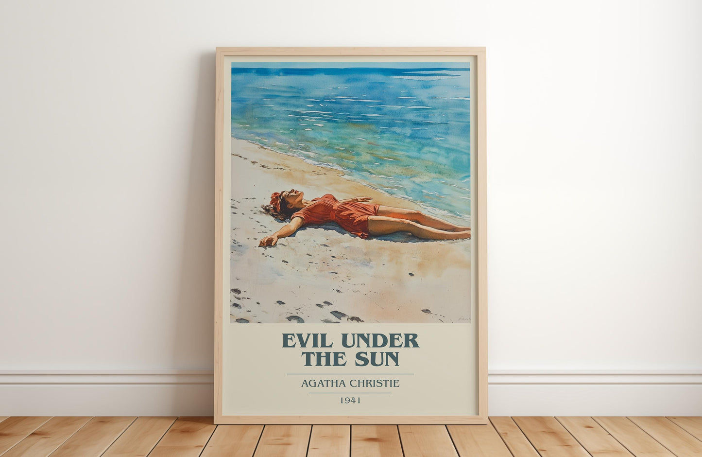 Evil Under the Sun book cover print in frame leaning in hallway – mystery wall art