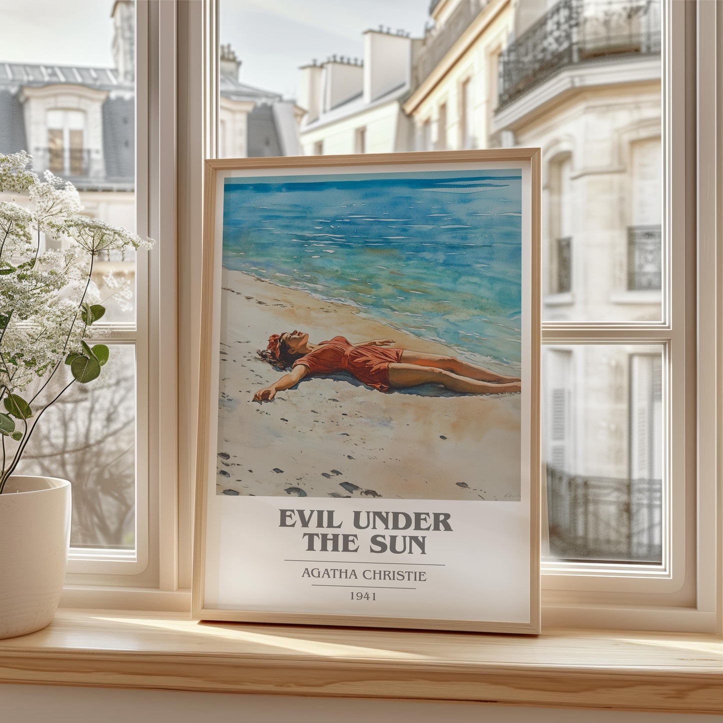 Evil Under the Sun book cover print framed by window – literary home decor