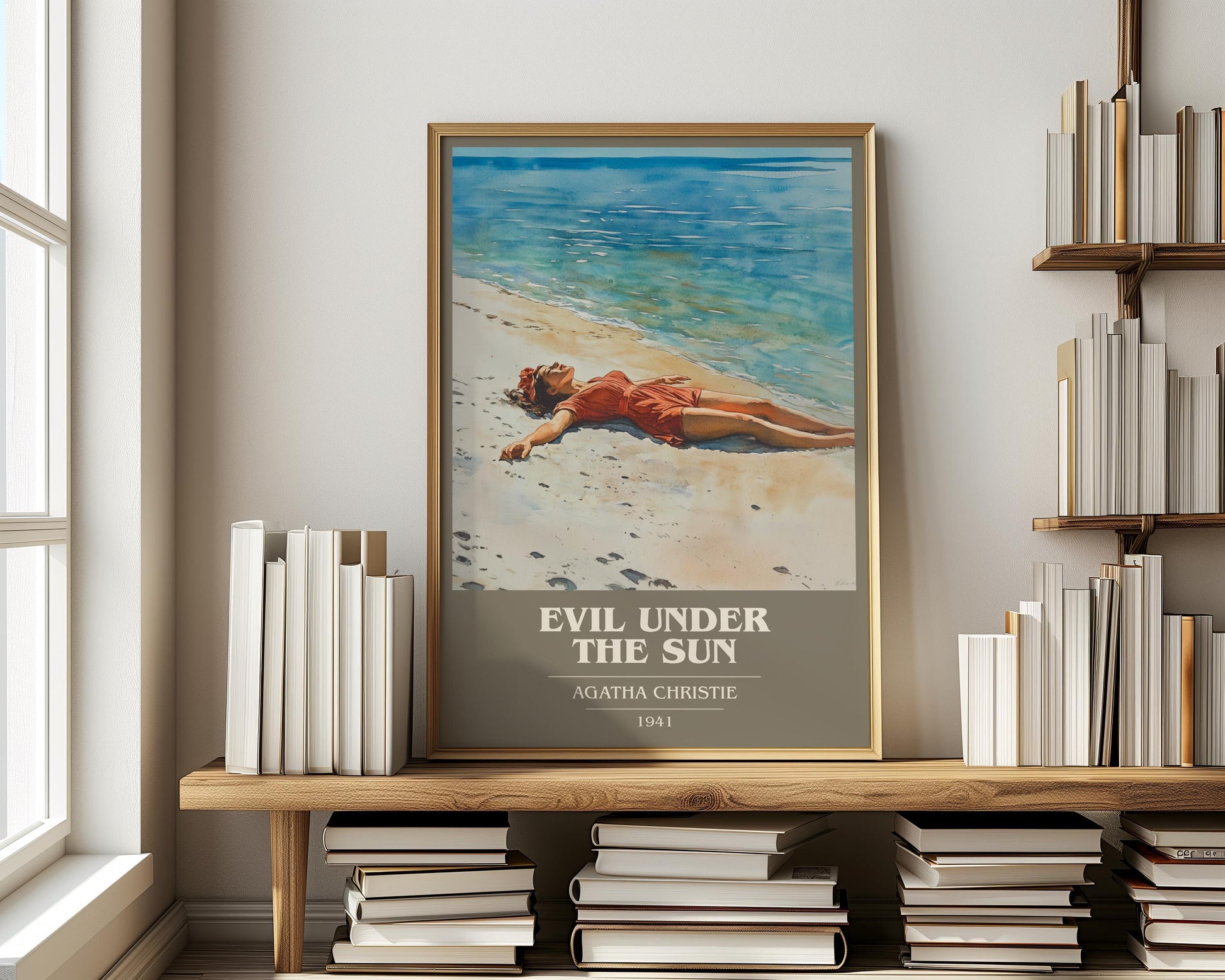 Evil Under the Sun book cover print on bookshelf – Agatha Christie fan gift