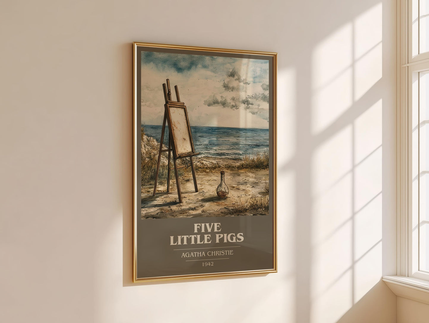 Five Little Pigs book cover print framed by window – literary home decor