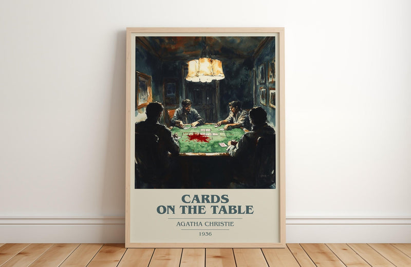 Cards on the Table book cover print in frame leaning in hallway – mystery wall art