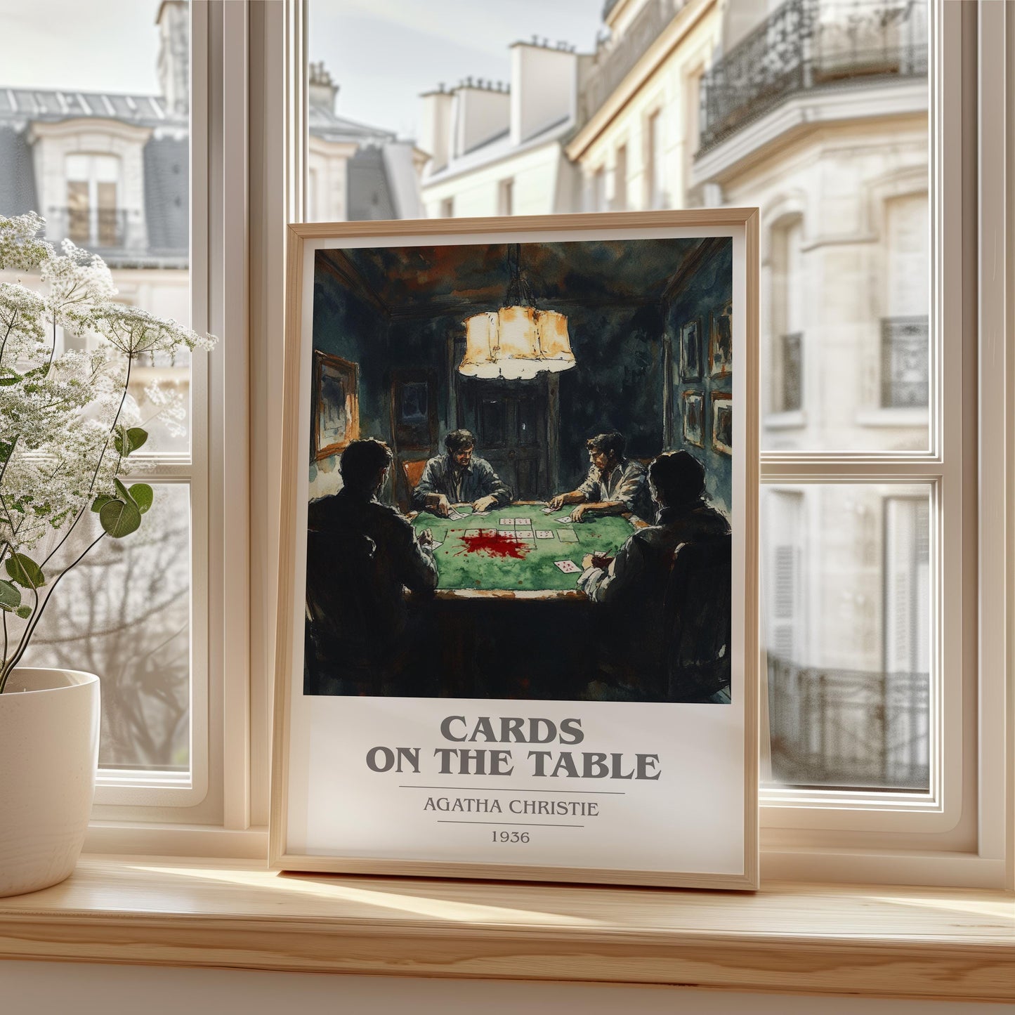 Cards on the Table book cover print framed by window – literary home decor